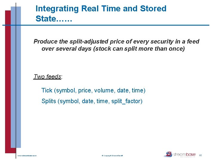 Integrating Real Time and Stored State…… Produce the split-adjusted price of every security in