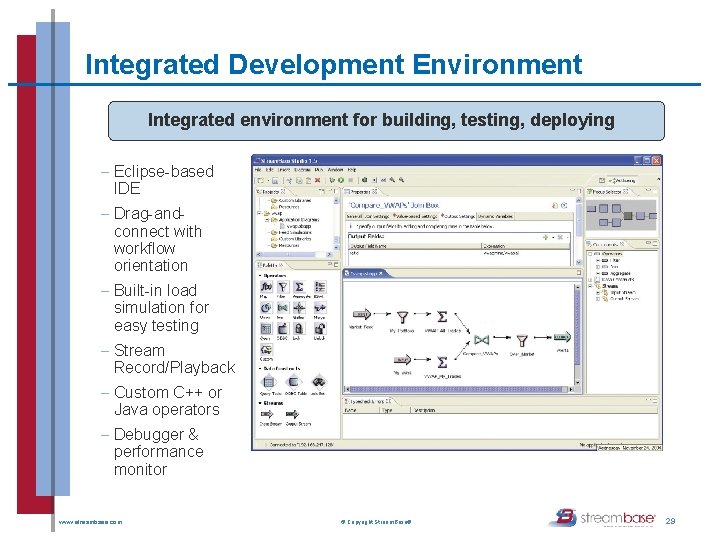 Integrated Development Environment Integrated environment for building, testing, deploying - Eclipse-based IDE - Drag-andconnect