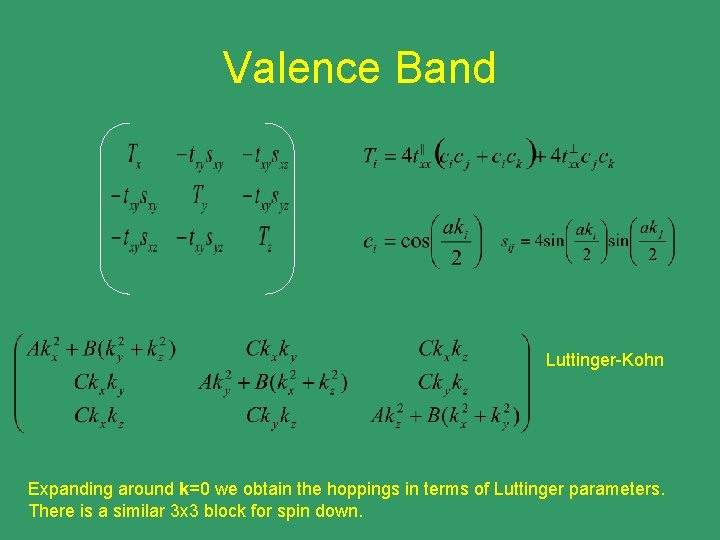 Valence Band Luttinger-Kohn Expanding around k=0 we obtain the hoppings in terms of Luttinger