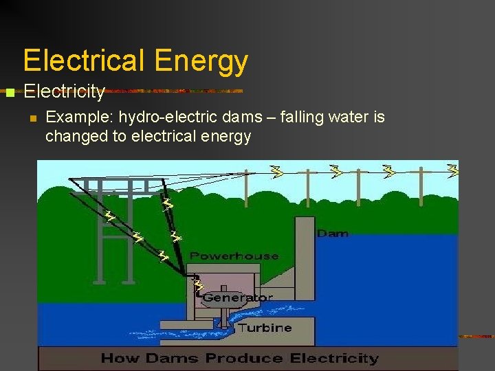 Electrical Energy n Electricity n Example: hydro-electric dams – falling water is changed to