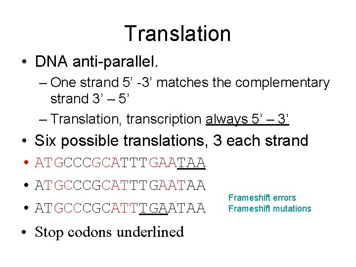 Translation • DNA anti-parallel. – One strand 5’ -3’ matches the complementary strand 3’