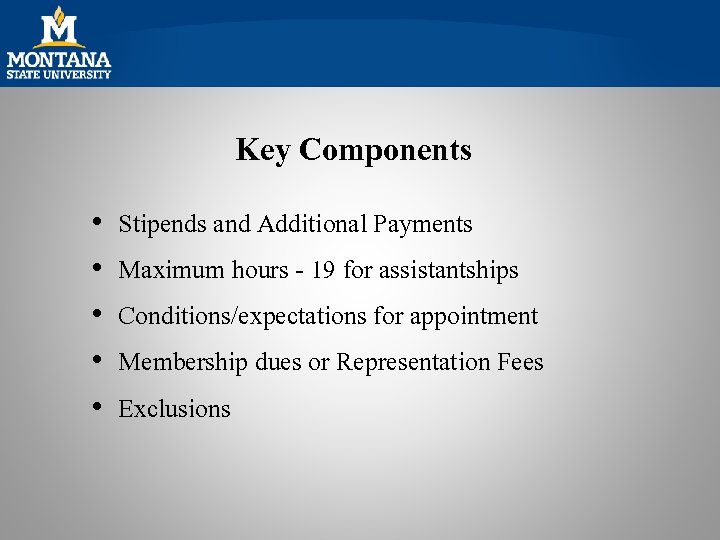 Key Components • • • Stipends and Additional Payments Maximum hours - 19 for