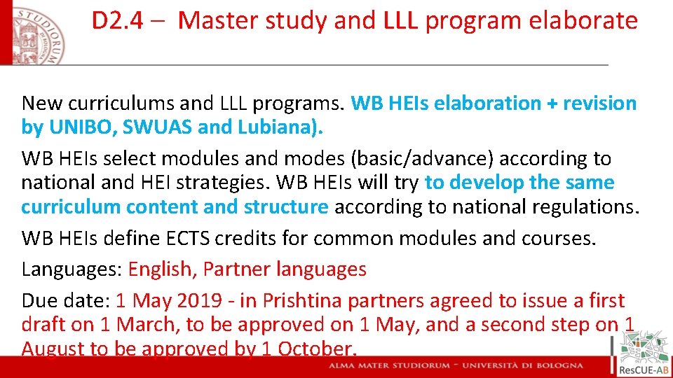 D 2. 4 – Master study and LLL program elaborate New curriculums and LLL