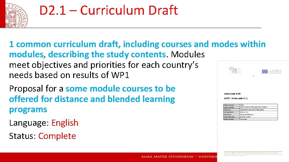 D 2. 1 – Curriculum Draft 1 common curriculum draft, including courses and modes