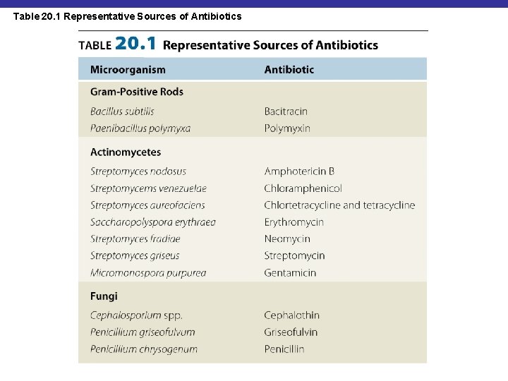 Table 20. 1 Representative Sources of Antibiotics Insert Table 20. 1 