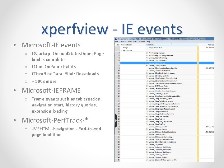 xperfview - IE events • Microsoft-IE events o CMarkup_On. Load. Status. Done: Page load