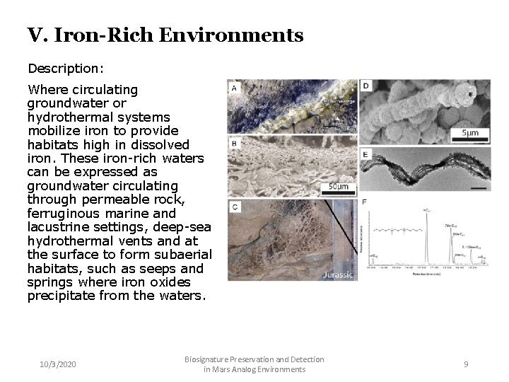 V. Iron-Rich Environments Description: Where circulating groundwater or hydrothermal systems mobilize iron to provide