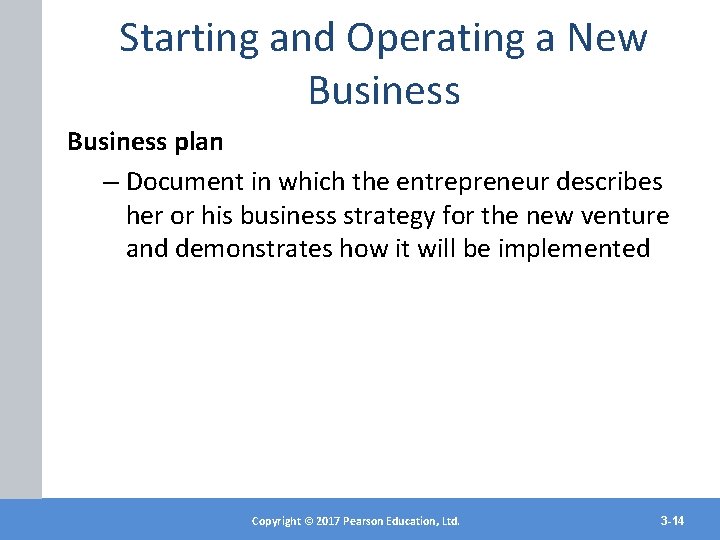 Starting and Operating a New Business plan – Document in which the entrepreneur describes