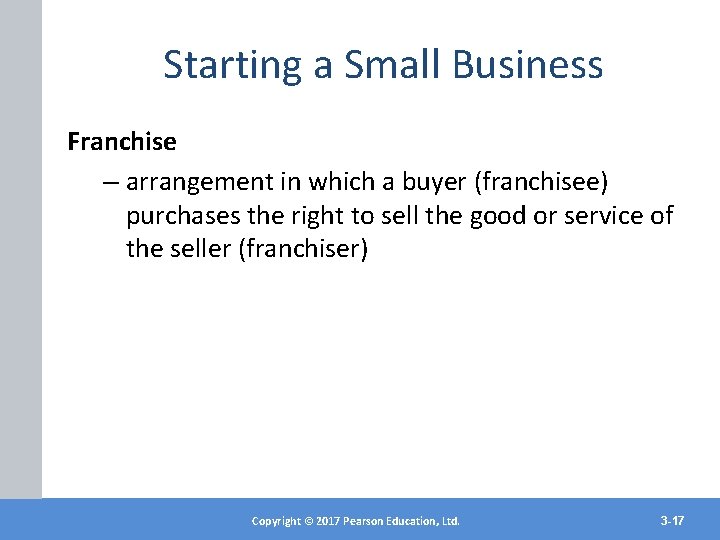 Starting a Small Business Franchise – arrangement in which a buyer (franchisee) purchases the