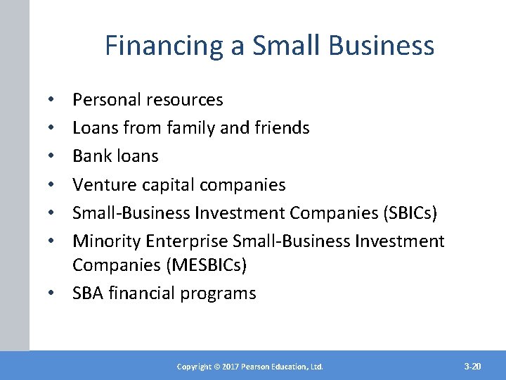 Financing a Small Business Personal resources Loans from family and friends Bank loans Venture