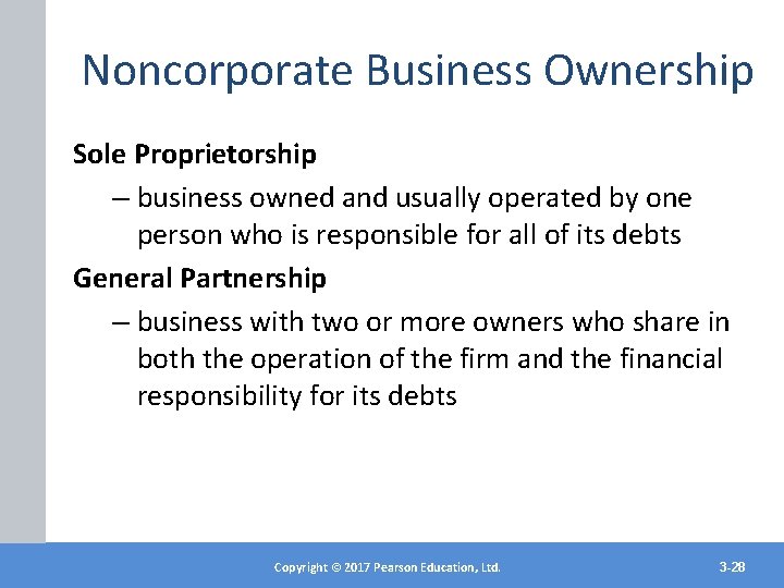 Noncorporate Business Ownership Sole Proprietorship – business owned and usually operated by one person