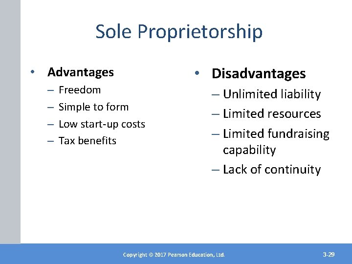 Sole Proprietorship • Disadvantages • Advantages – – Freedom Simple to form Low start-up