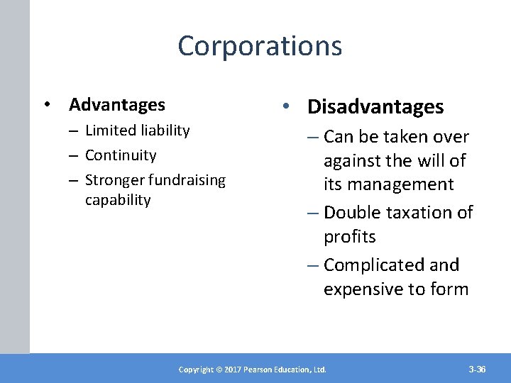 Corporations • Disadvantages • Advantages – Limited liability – Continuity – Stronger fundraising capability
