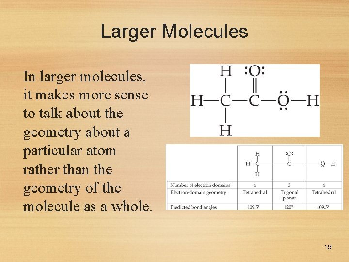 Larger Molecules In larger molecules, it makes more sense to talk about the geometry