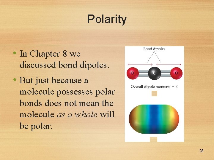 Polarity • In Chapter 8 we discussed bond dipoles. • But just because a