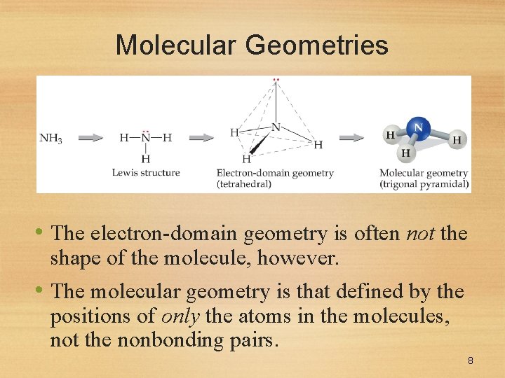 Molecular Geometries • The electron-domain geometry is often not the shape of the molecule,