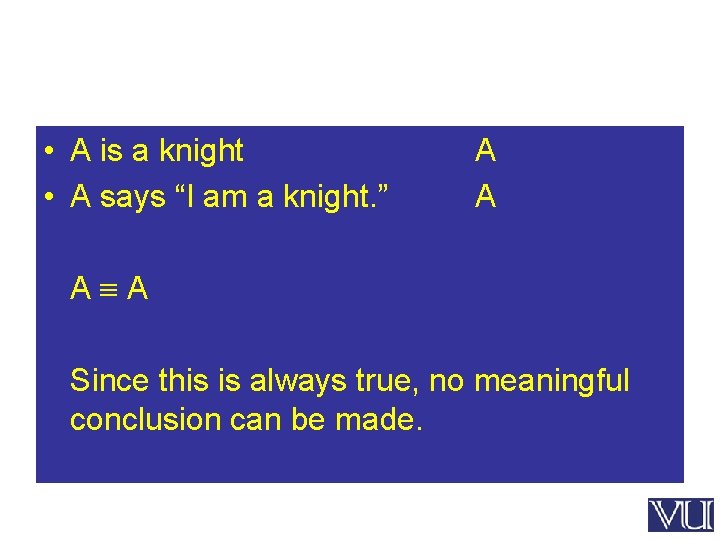  • A is a knight • A says “I am a knight. ”