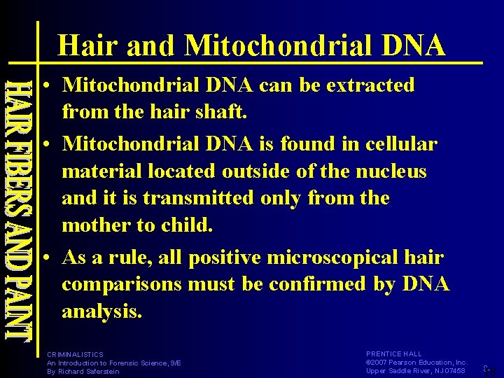 Hair and Mitochondrial DNA • Mitochondrial DNA can be extracted from the hair shaft.