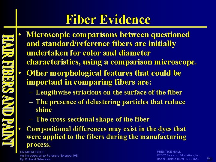 Fiber Evidence • Microscopic comparisons between questioned and standard/reference fibers are initially undertaken for