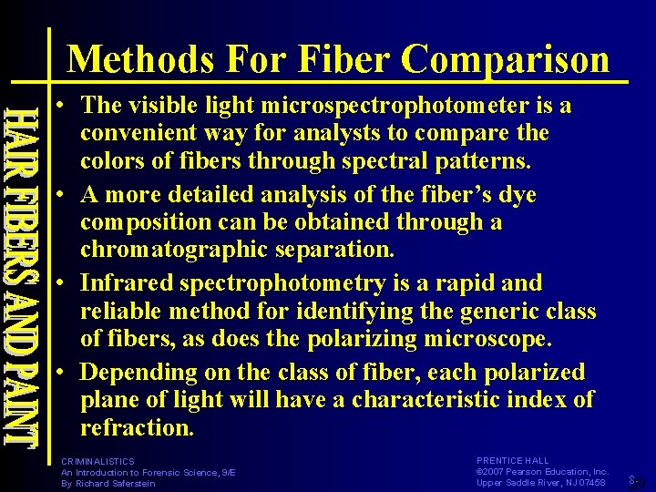 Methods For Fiber Comparison • The visible light microspectrophotometer is a convenient way for