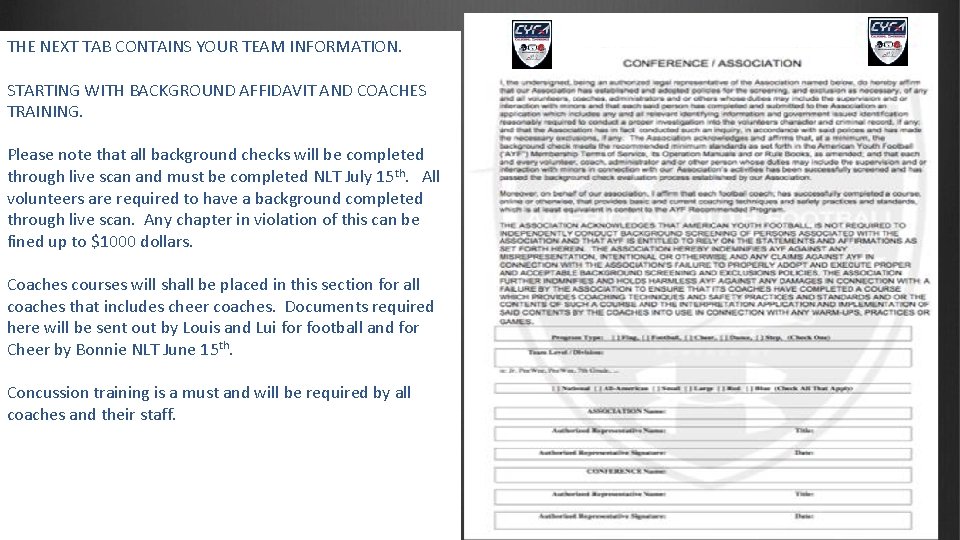 THE NEXT TAB CONTAINS YOUR TEAM INFORMATION. STARTING WITH BACKGROUND AFFIDAVIT AND COACHES TRAINING.