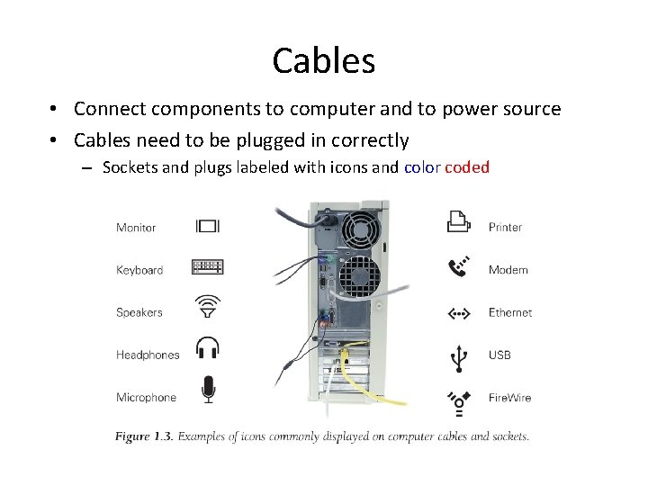 Cables • Connect components to computer and to power source • Cables need to