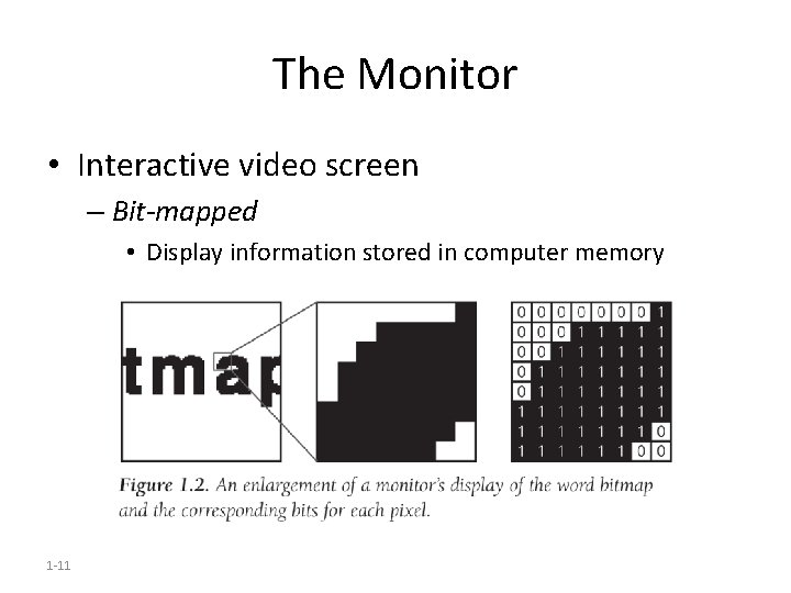 The Monitor • Interactive video screen – Bit-mapped • Display information stored in computer