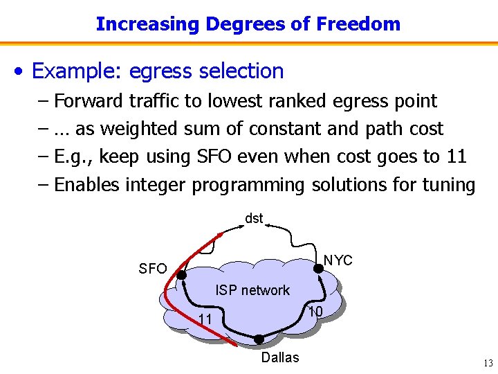 Increasing Degrees of Freedom • Example: egress selection – Forward traffic to lowest ranked