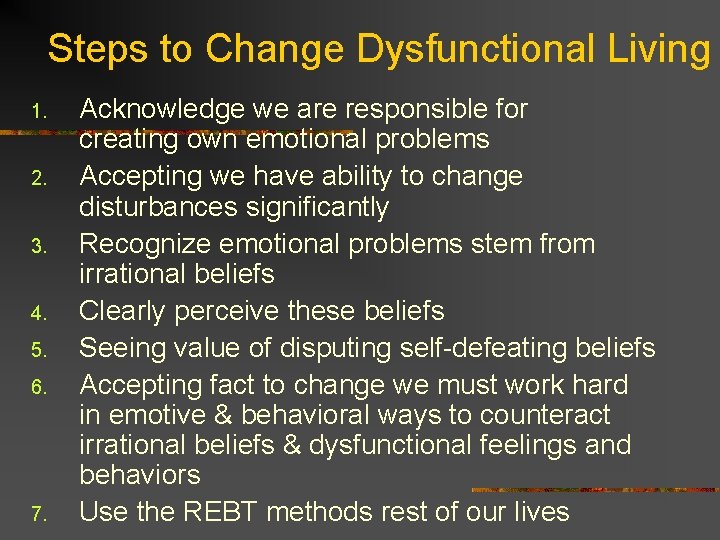 Steps to Change Dysfunctional Living 1. 2. 3. 4. 5. 6. 7. Acknowledge we