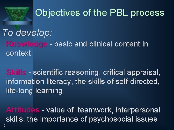 Objectives of the PBL process To develop: Knowledge - basic and clinical content in