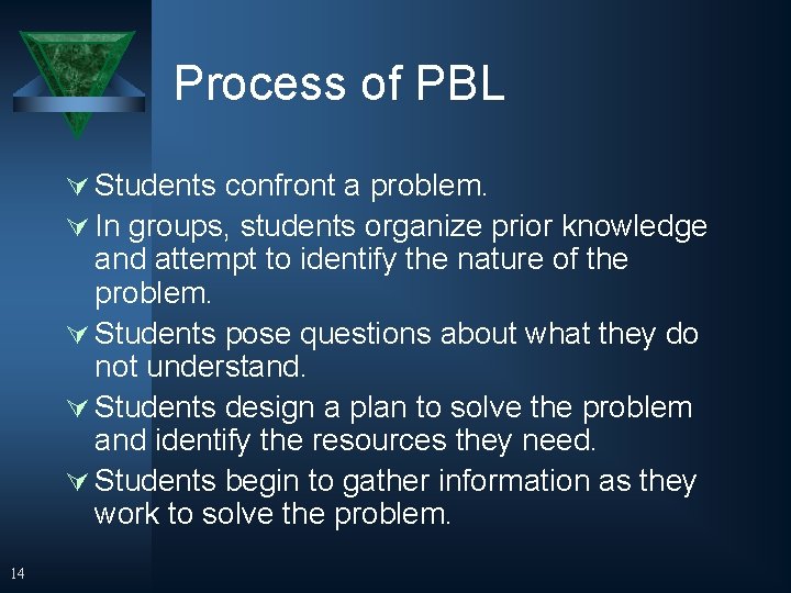 Process of PBL Ú Students confront a problem. Ú In groups, students organize prior