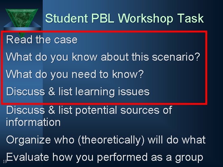 Student PBL Workshop Task Read the case What do you know about this scenario?