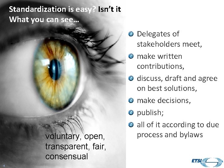 Standardization is easy? Isn’t it? What you can see… voluntary, open, transparent, fair, consensual