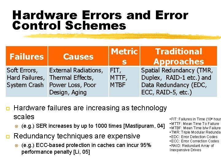 Hardware Errors and Error Control Schemes 11 Failures Causes Soft Errors, External Radiations, Hard