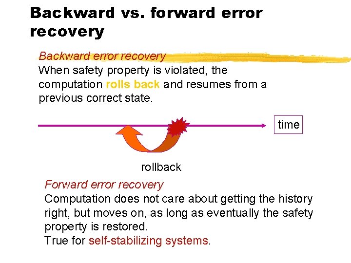Backward vs. forward error recovery Backward error recovery When safety property is violated, the