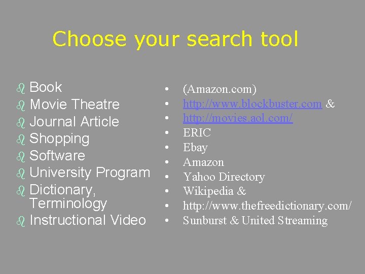 Choose your search tool Book b Movie Theatre b Journal Article b Shopping b