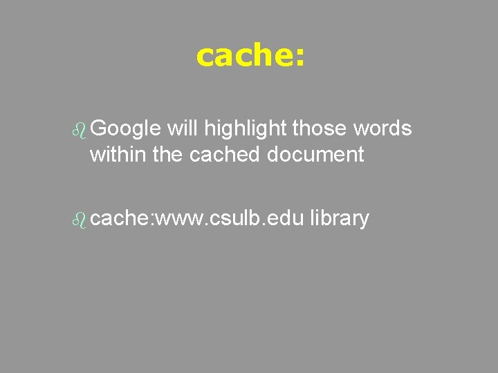 cache: b Google will highlight those words within the cached document b cache: www.