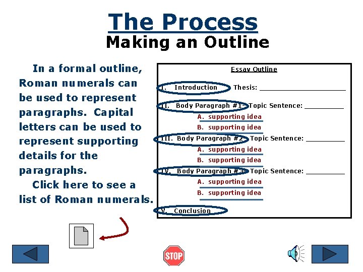 The Process Making an Outline In a formal outline, Roman numerals can be used