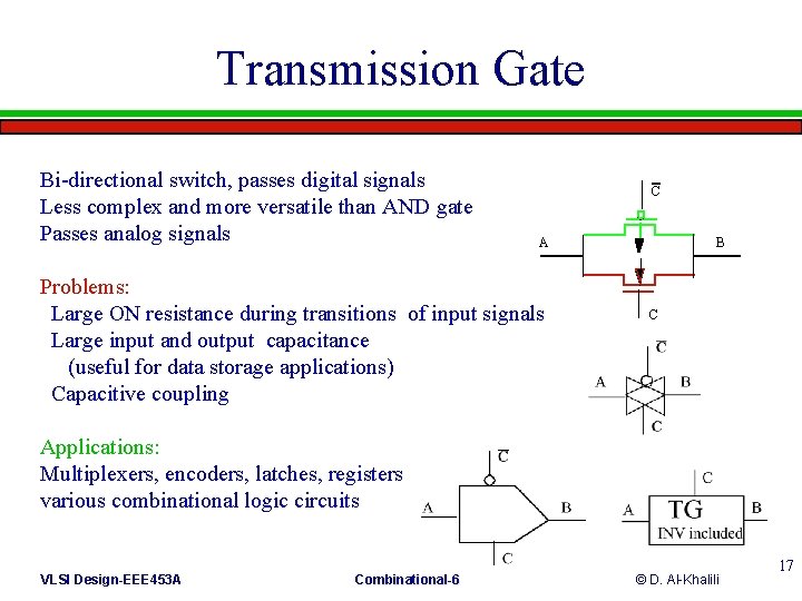 Transmission Gate Bi-directional switch, passes digital signals Less complex and more versatile than AND