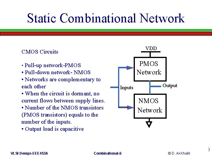 Static Combinational Network VDD CMOS Circuits PMOS Network • Pull-up network-PMOS • Pull-down network-