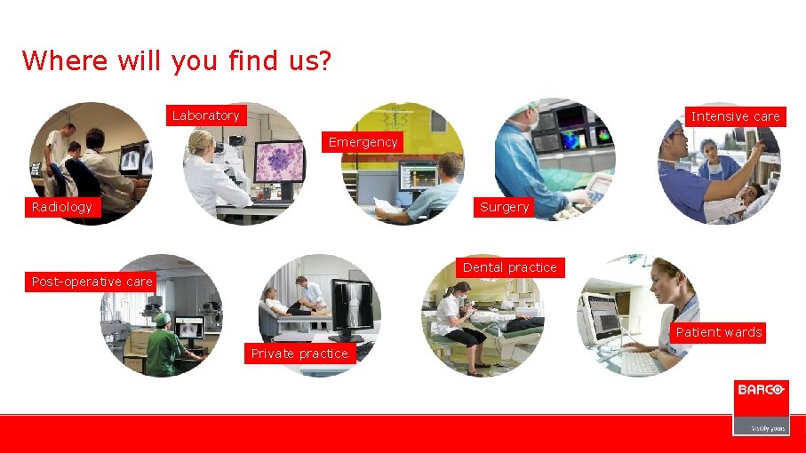 Where will you find us? Laboratory Intensive care Emergency Radiology Surgery Dental practice Post-operative