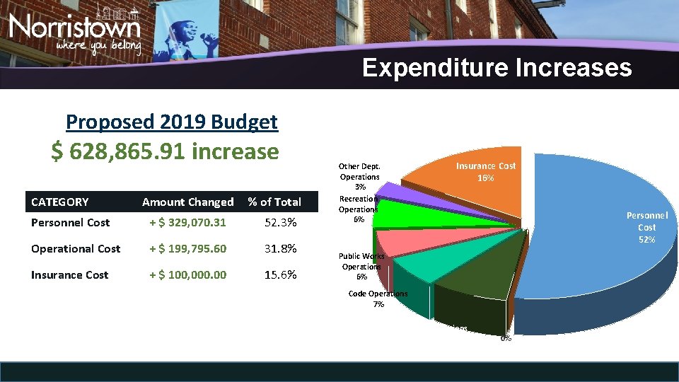 Expenditure Increases Proposed 2019 Budget $ 628, 865. 91 increase CATEGORY Amount Changed %