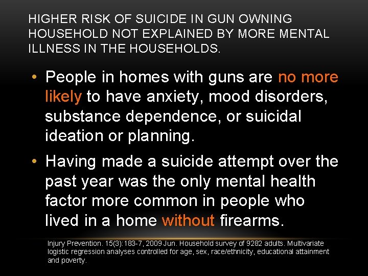 HIGHER RISK OF SUICIDE IN GUN OWNING HOUSEHOLD NOT EXPLAINED BY MORE MENTAL ILLNESS