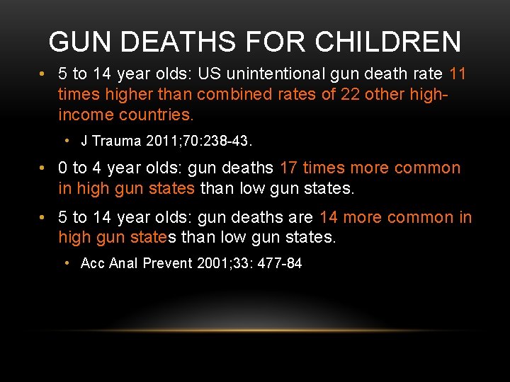 GUN DEATHS FOR CHILDREN • 5 to 14 year olds: US unintentional gun death