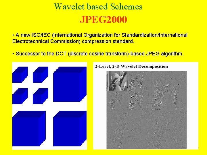 Wavelet based Schemes JPEG 2000 • A new ISO/IEC (International Organization for Standardization/International Electrotechnical