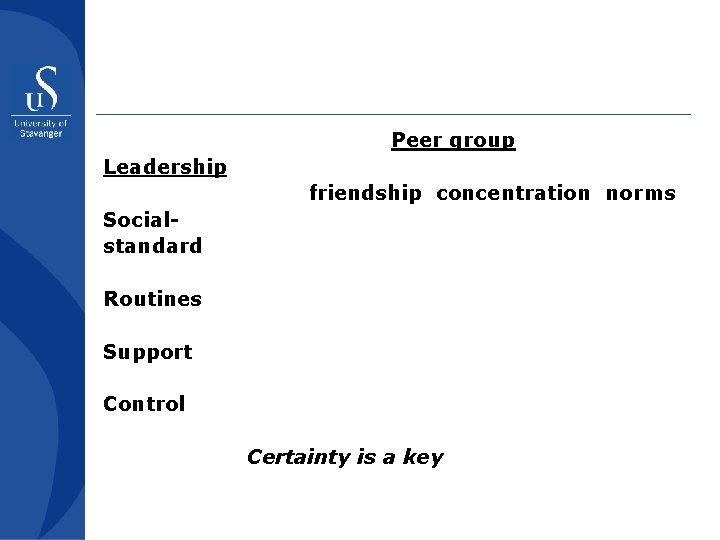 Peer group Leadership friendship concentration norms Socialstandard Routines Support Control Certainty is a key