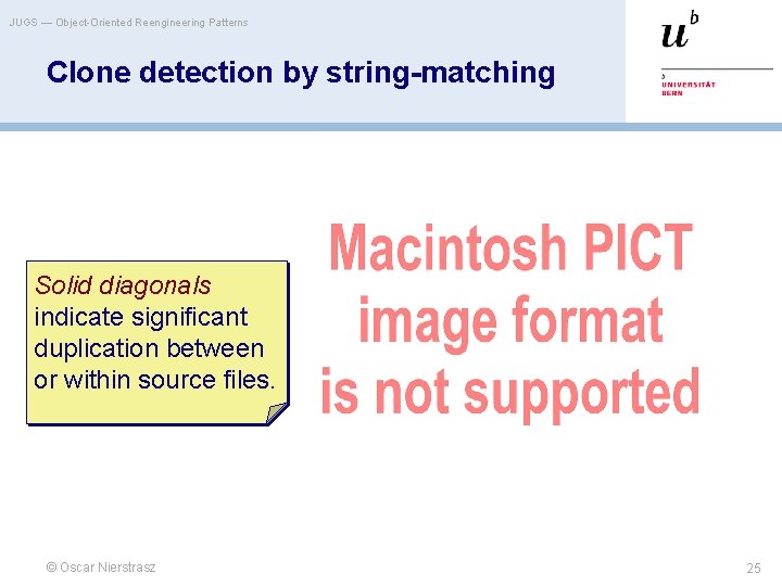 JUGS — Object-Oriented Reengineering Patterns Clone detection by string-matching Solid diagonals indicate significant duplication