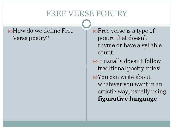 FREE VERSE POETRY How do we define Free Verse poetry? Free verse is a