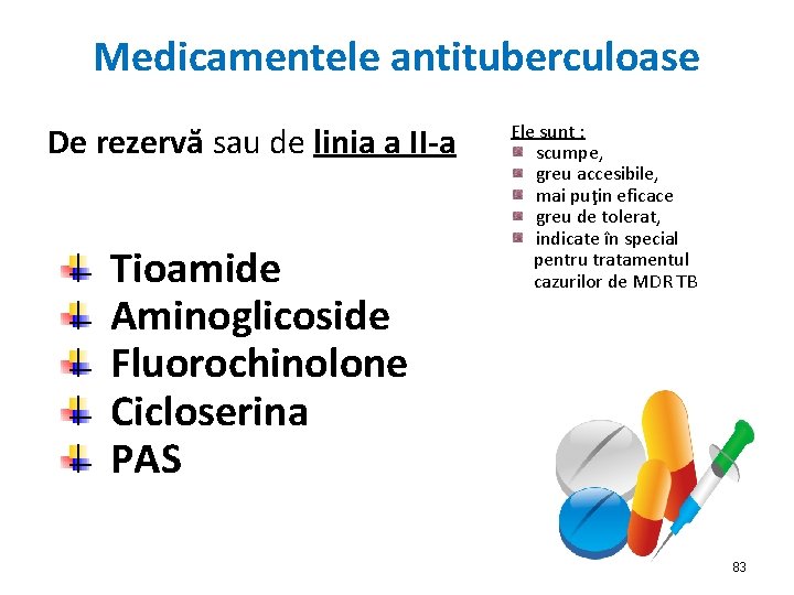 Medicamentele antituberculoase De rezervă sau de linia a II-a Tioamide Aminoglicoside Fluorochinolone Cicloserina PAS