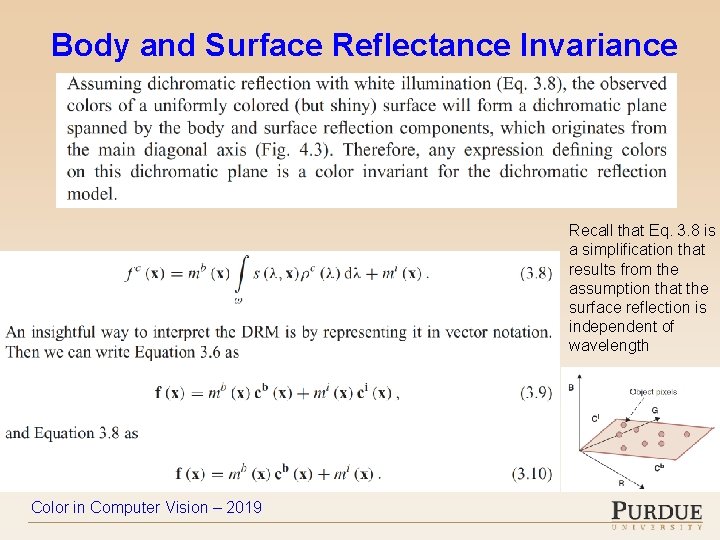 Body and Surface Reflectance Invariance Recall that Eq. 3. 8 is a simplification that